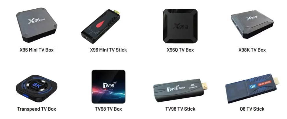 Malicious streaming devices sold online that enroll the user's home Internet address in a residential proxy service. Image: Synthient. Pictured are 8 different TV boxes, including the X96 Mini Box, stick, and other no-name brands.